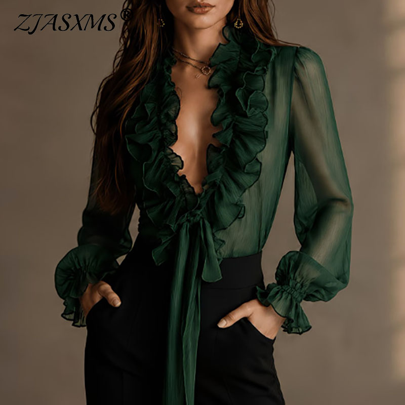 Wrap Blouse Chiffon - Chemisier élégant pour femme, uni, transparent,