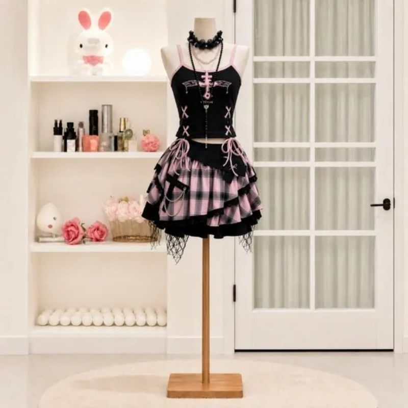 V Neck Cami Top - Ensemble jupe vintage Y2K Dark Sweet