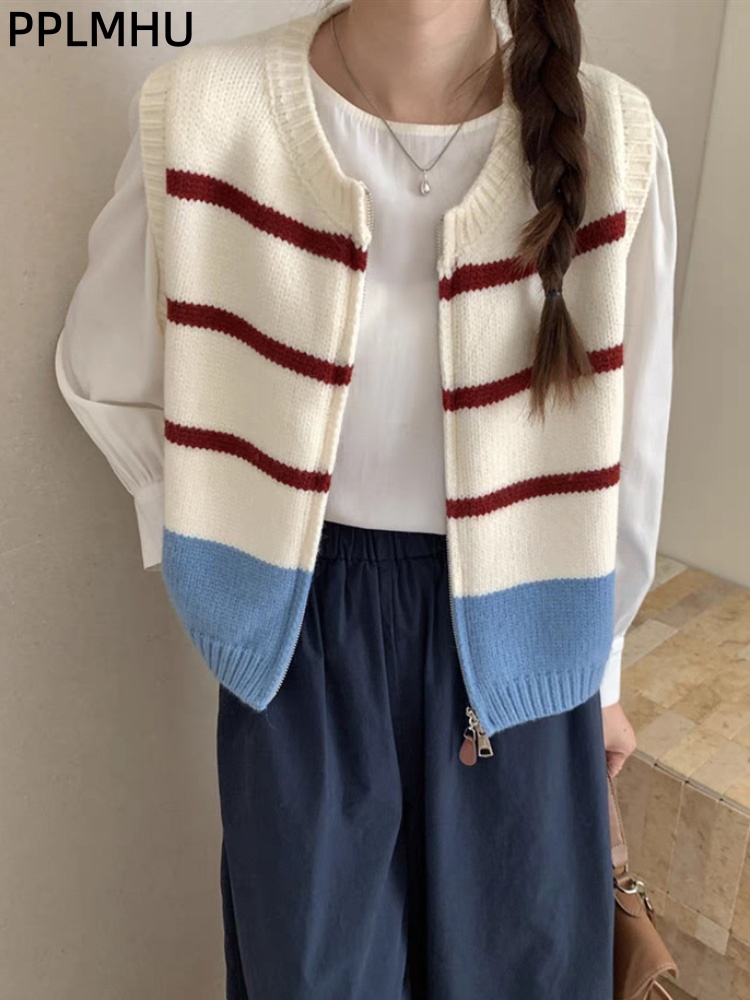 Women'S Fashion Gilet - Cardigan rayé à fermeture éclair, Gilet