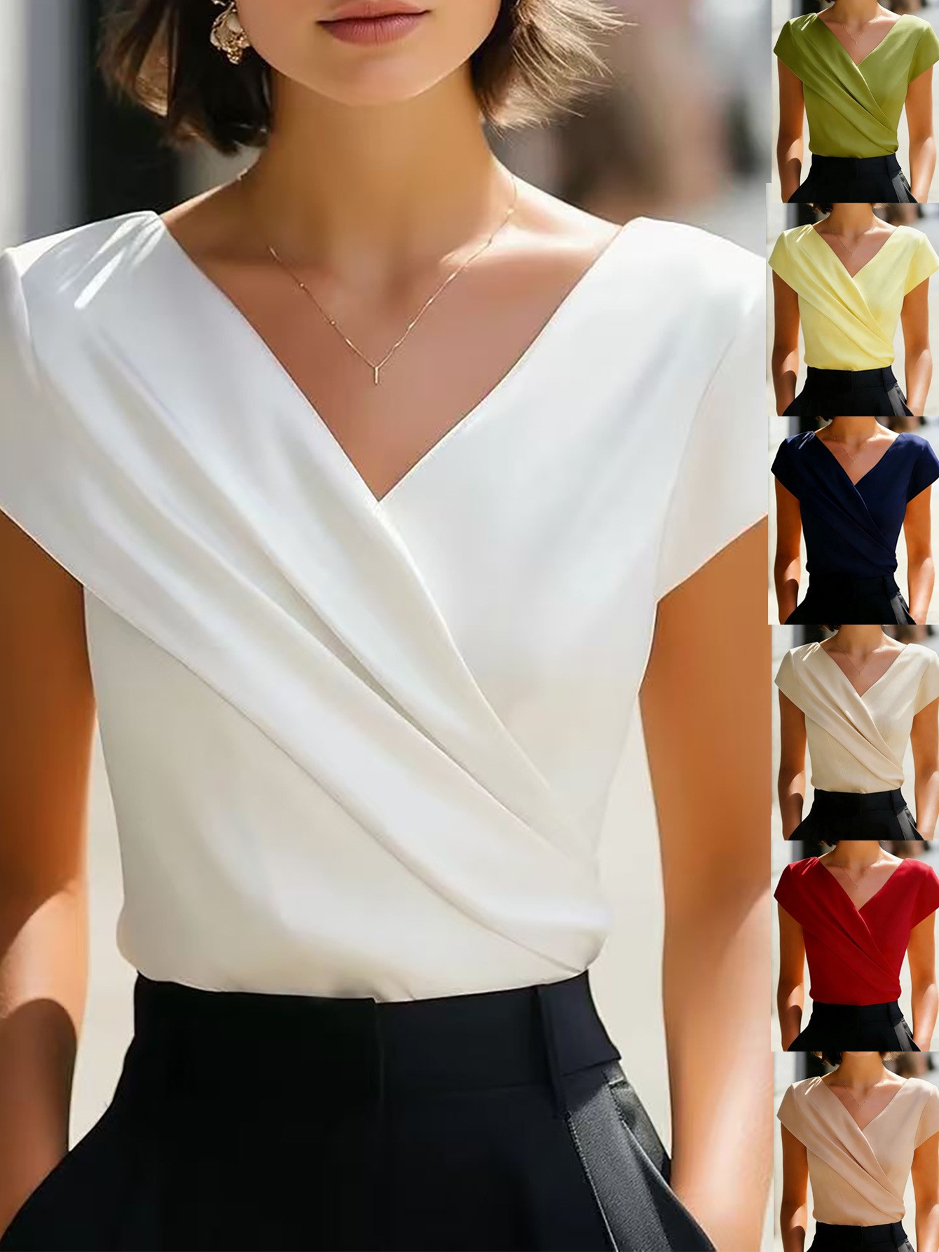 Wrap Blouse Chiffon - Blouse d'été pour femme, blanche unie,