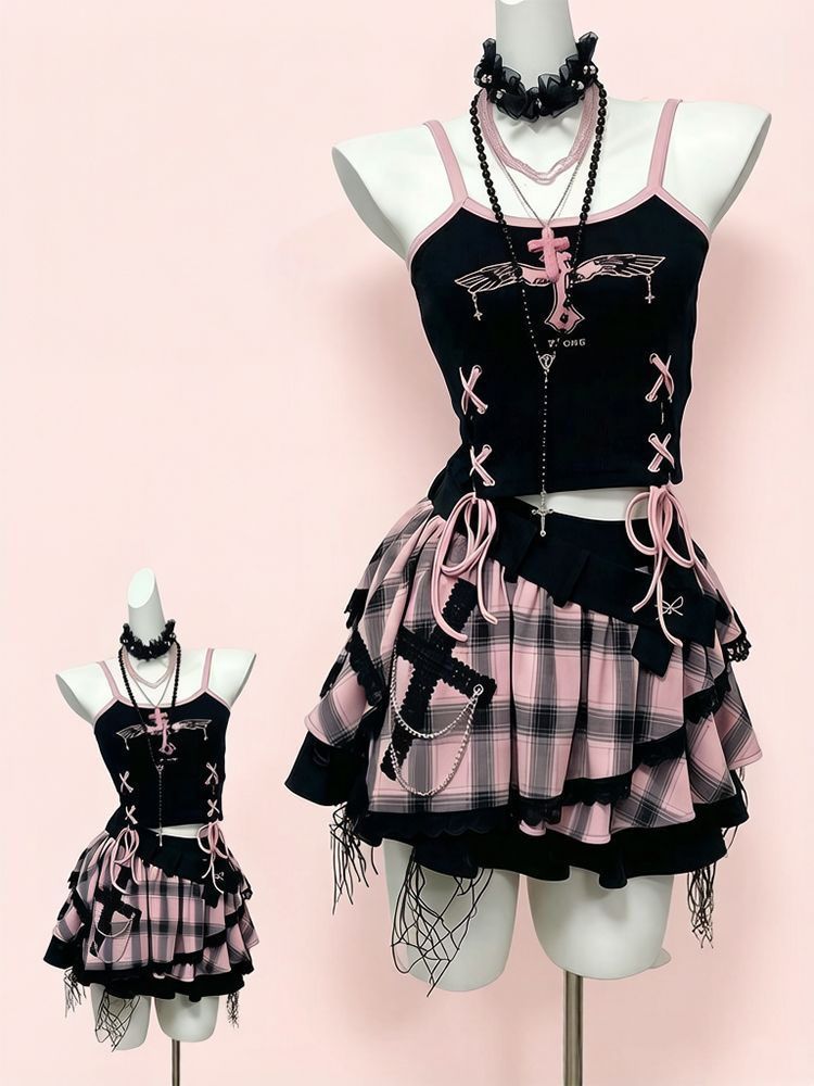 Ensemble jupe vintage Y2K Dark - V Neck Cami Top avis et prix
